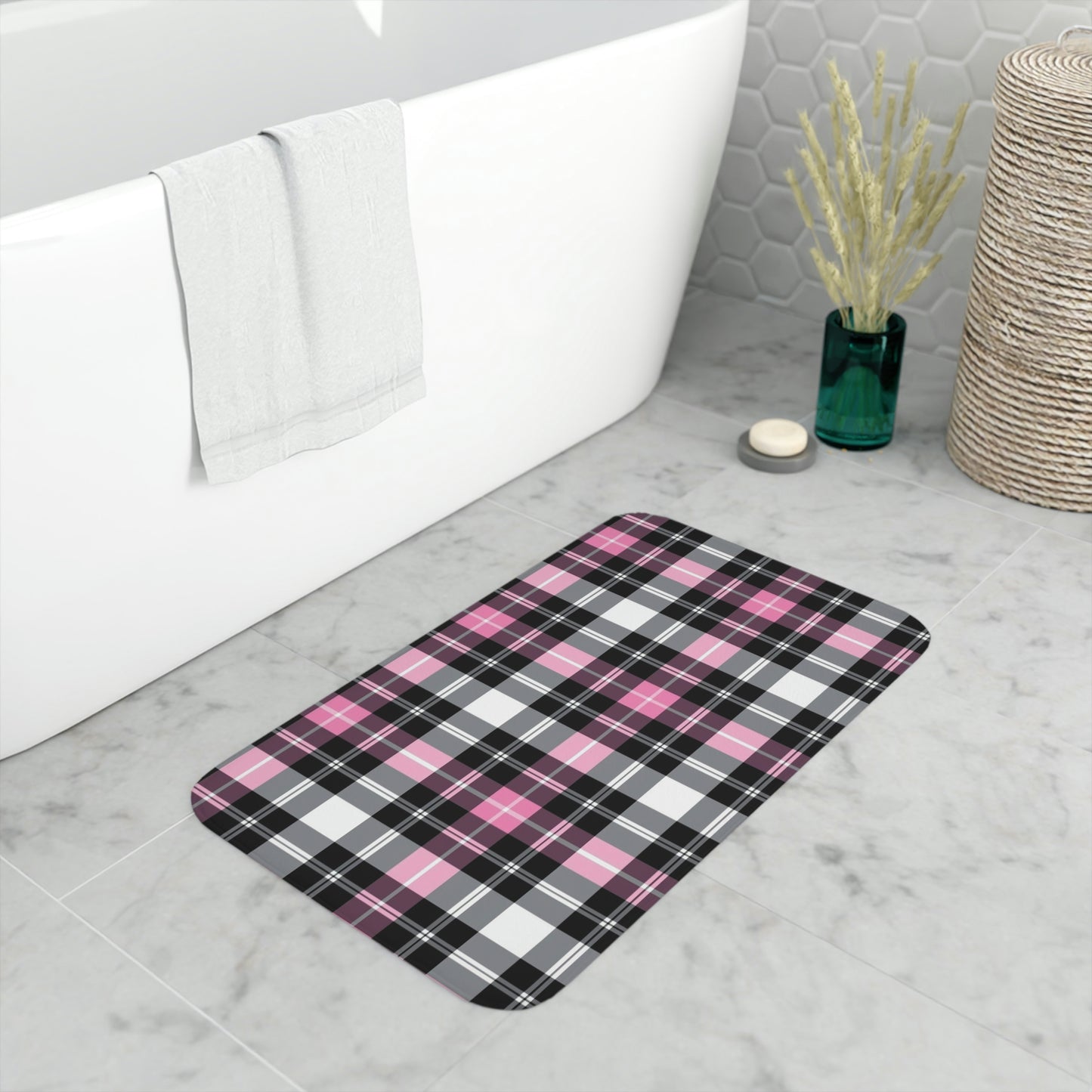 Pink Plaid Memory Foam Bath Mat